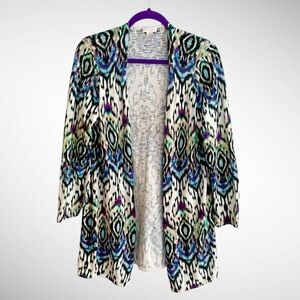 Chico’s Peacock Geometric Open-Front Tunic Long-Sleeve Cardigan